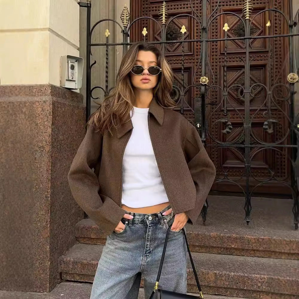 Veste courte zippée marron rétro