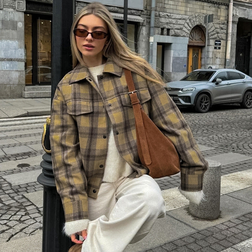 Veste Laine Carreaux Ample Mode