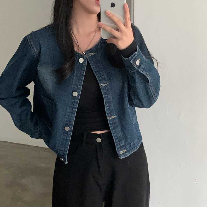 Veste en jean rétro col rond à deux poches