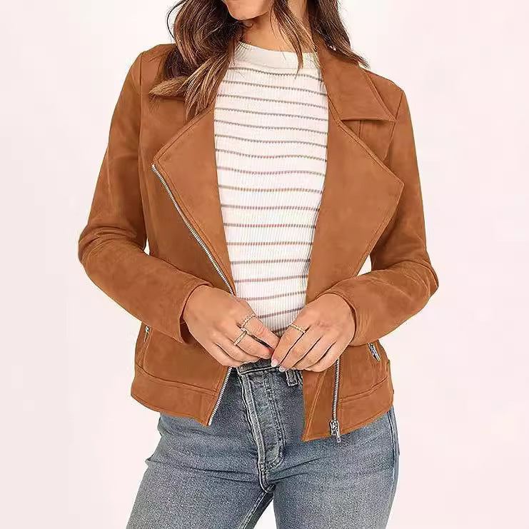 Veste courte moto en daim à poches zippées