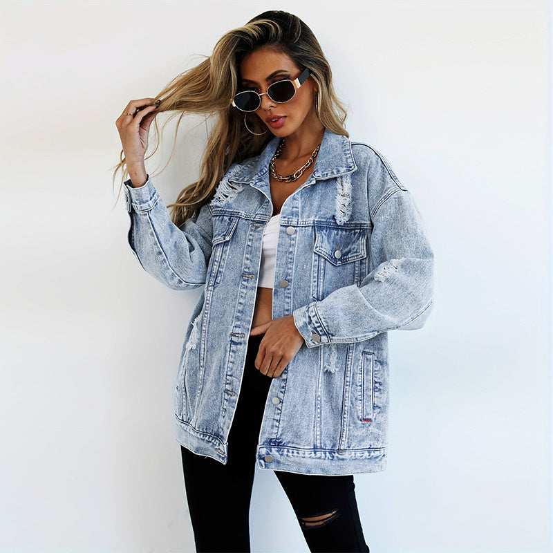 Veste en jean déchirée style boyfriend