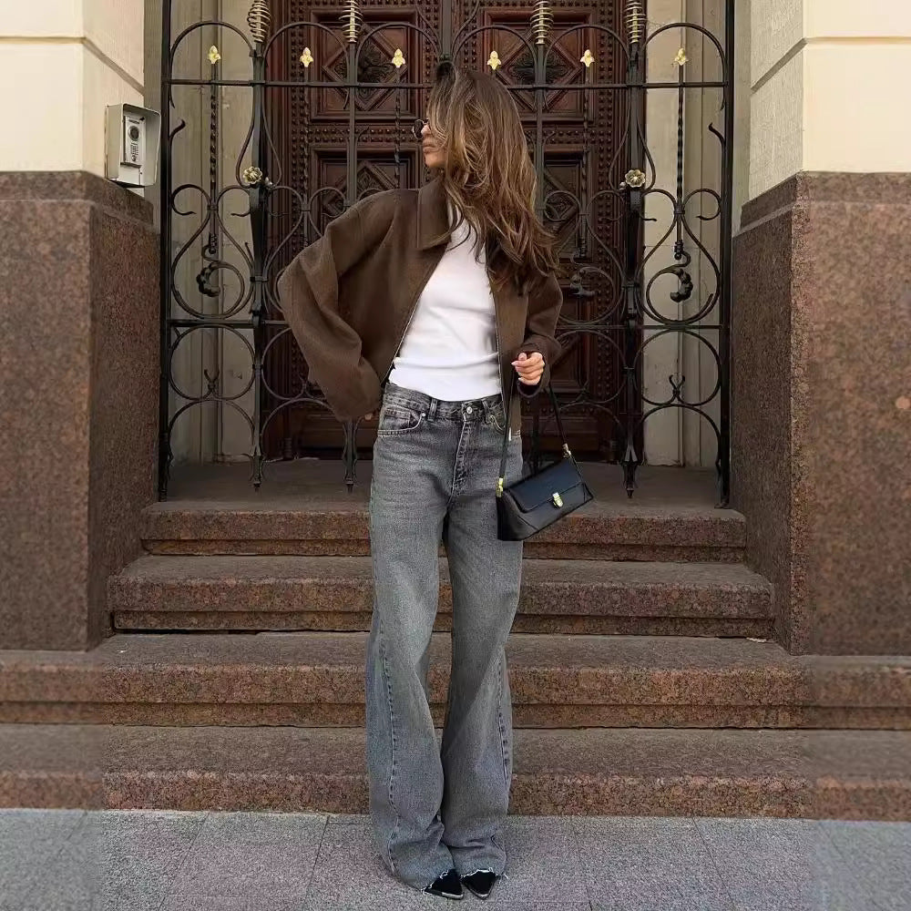 Veste courte zippée marron rétro