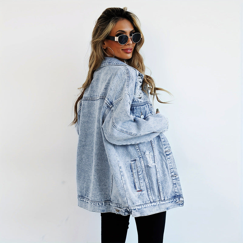 Veste en jean déchirée style boyfriend