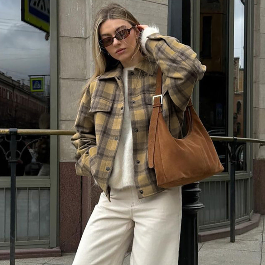 Veste Laine Carreaux Ample Mode