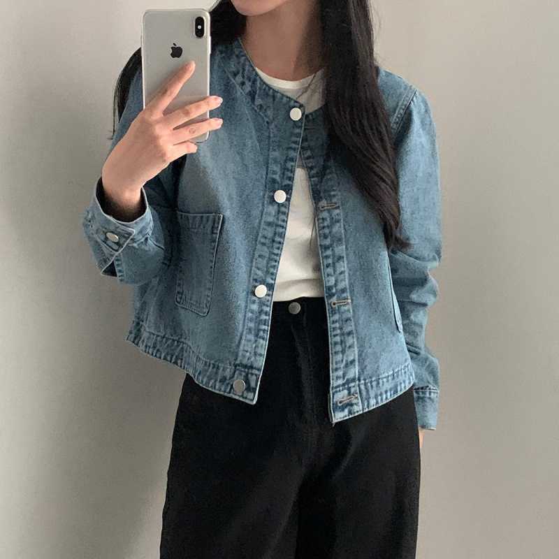 Veste en jean rétro col rond à deux poches