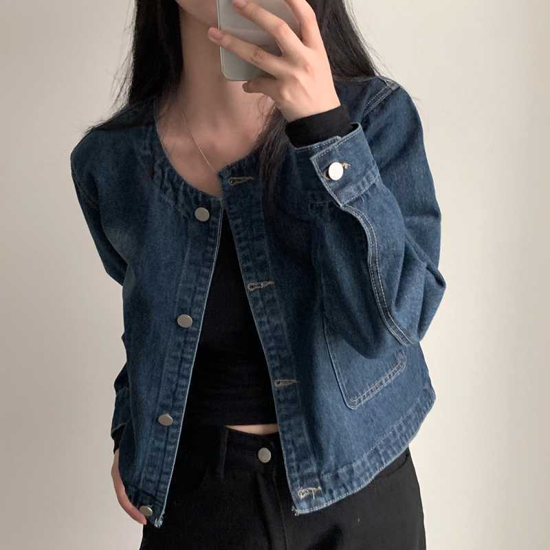 Veste en jean rétro col rond à deux poches